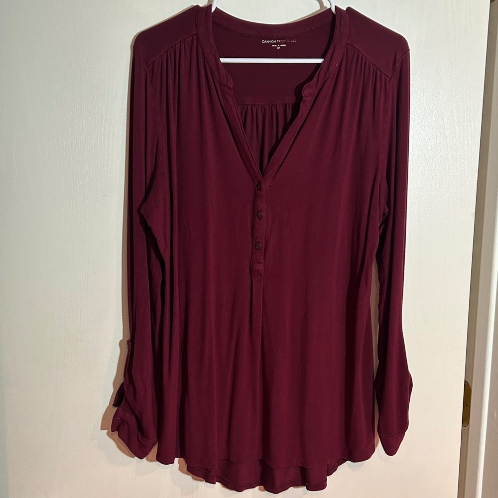 Canyon River Blues Womens XL Burgundy Henley Long Sleeve Knit Blouse Maroon Top
